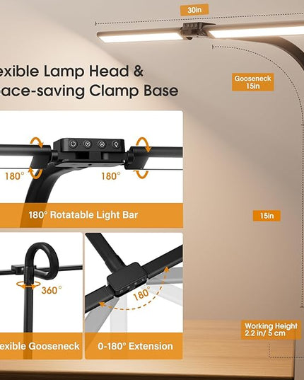 LED Desk Lamp with Clamp, Rotatable Architect Lamp for Home Office, Bright Computer Desk Light with Dimmable Color Brightness, Adjustable Desktop Lamp with Gooseneck, Double Head, Black - LeafyLoom