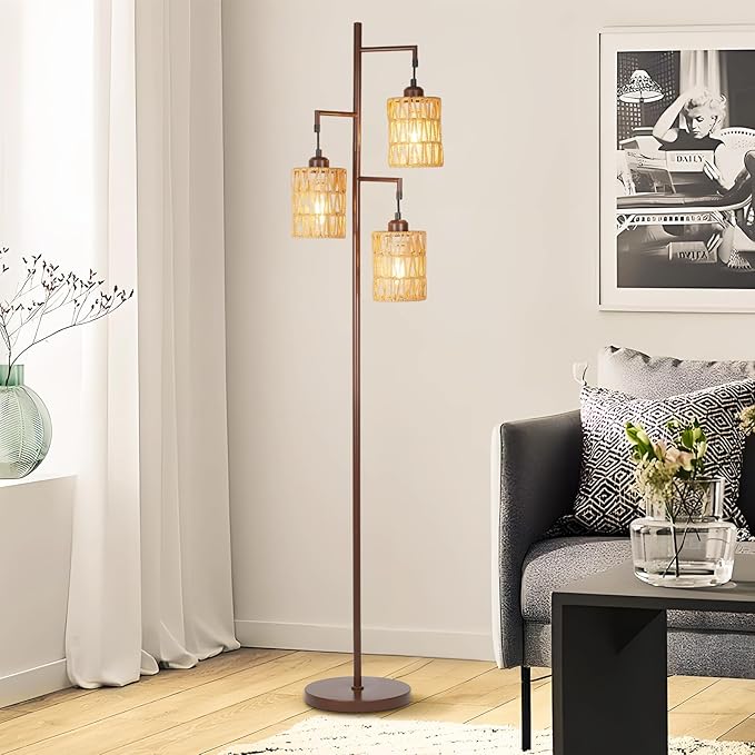 Farmhouse Floor Lamp, Industrial Style Tall Lamps, Boho Tree Standing Tall Lamp with Sturdy Modern Vintage Design for Living Room Bedroom Office Dining Room(Coffee) - LeafyLoom