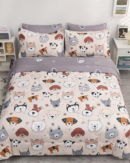 7 Piece Kids Dog Comforter Set Queen Size - Bed in A Bag Bedding Set for Teen Boys Girls - Cute Animal Quilt Super Soft All Season - Creamy White - LeafyLoom
