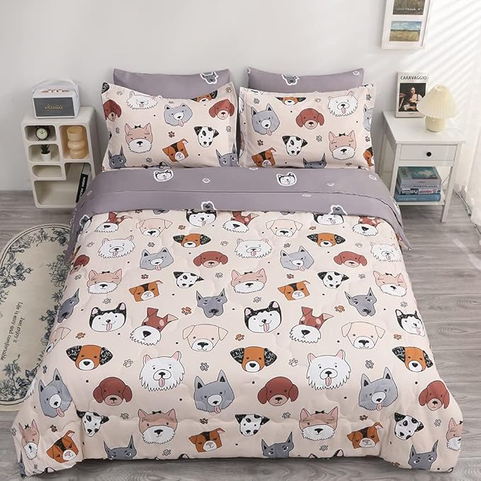7 Piece Kids Dog Comforter Set Queen Size - Bed in A Bag Bedding Set for Teen Boys Girls - Cute Animal Quilt Super Soft All Season - Creamy White - LeafyLoom