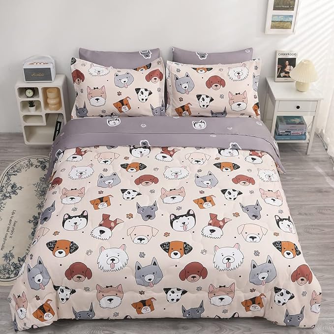 7 Piece Kids Dog Comforter Twin Size Cute Animal Dog Bedding Set Bed in A Bag for Boys Girls All Season (1 Comforter, 1 Flat Sheet, 1 Fitted Sheet, 2 Pillowcase and 2 Pillow Sham) - LeafyLoom
