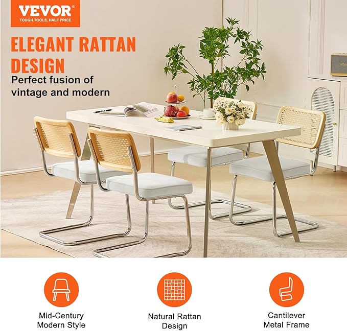 VEVOR Rattan Dining Chairs Set of 4, Mid Century Modern Dining Chair, Upholstered Velvet Accent Chair with Rattan Back, Retro Dining Room Kitchen Chair for Living Room, Bedroom, Office (18.1 Inch) - LeafyLoom