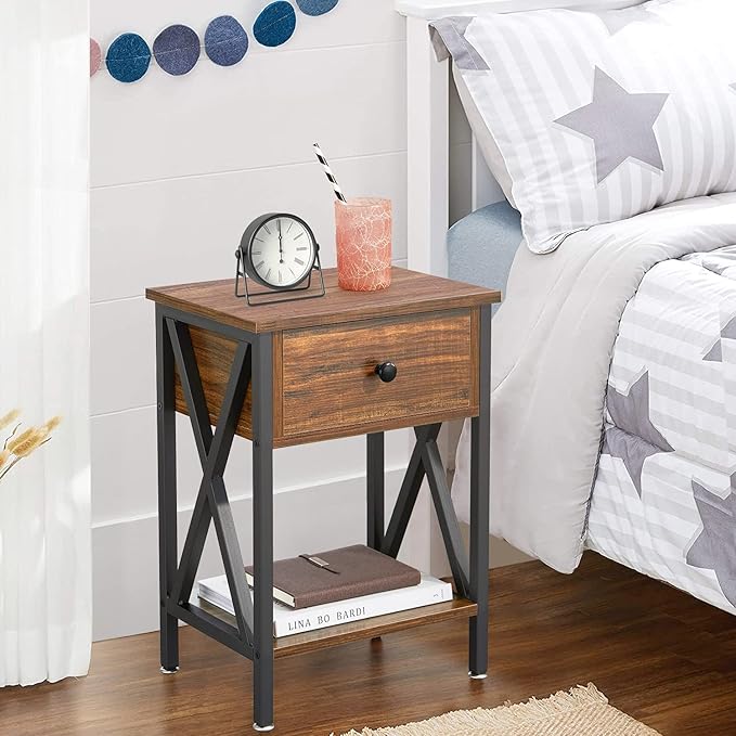 VECELO Modern Side End Table, Nightstand Storage Shelf with Bin Drawer for Bedroom, Lounge, 15.8in11.8in21.7in, Brown - LeafyLoom