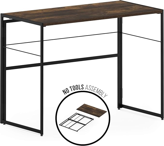 Furinno Riau No Tool/No Assembly/Folding Metal Frame Computer Desk, Rustic Oak/Black, 39 Inch - LeafyLoom