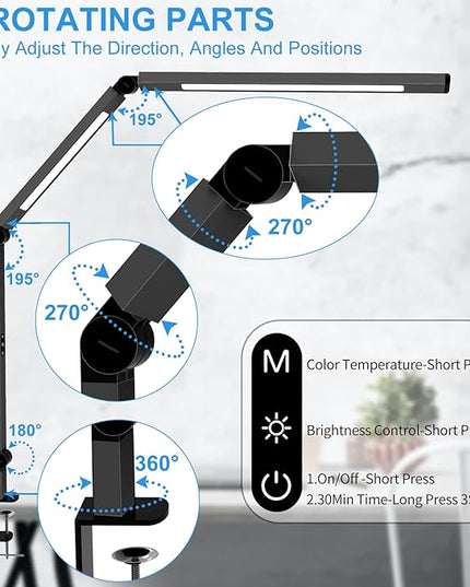 LED Desk Lamp with Clamp, Architect Desk Lamp with Dual Light and Adjustable Swing Arm, Clip-on Eye-Care 4 CCT Modes & 5 Brightness Levels Table Light Modern Desk Light for Home Office - LeafyLoom