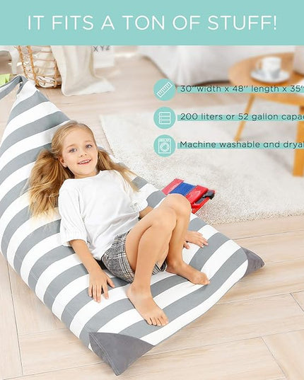 Aubliss Stuffed Animal Storage Bean Bag Chairs Cover, 50"x 35" Extra Large Bean Bags Chair for Kids Adults, Beanbag Toy Storage for Boys Girls - Premium Cotton Canvas Grey Stripe - LeafyLoom