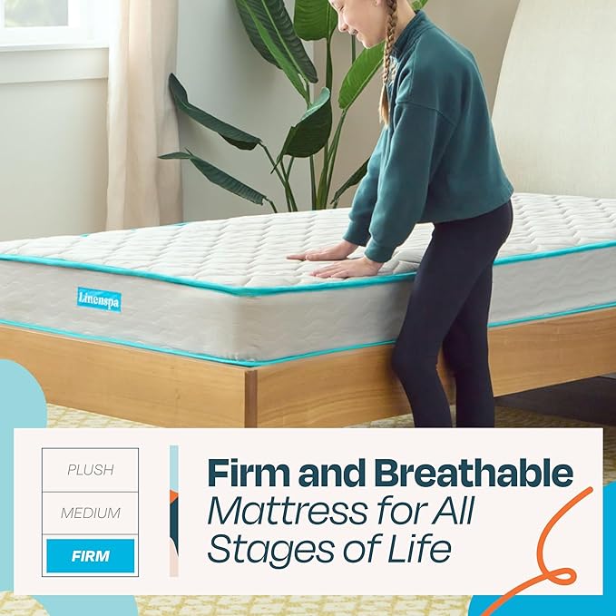 Linenspa 6 Inch Mattress - Firm Feel - Bonnell Spring with Foam Layer - Mattress in a Box - Youth or Kids Bed - Guest Bedroom - Durable and Breathable Support - Affordable - Full Size - LeafyLoom