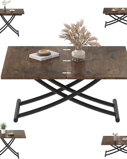 Multifunctional Folding Dining Table, Height Adjustable Lift Top Coffee Transformer Table with Metal legs for Space Saving Living Room Kitchen Tea, Brown - LeafyLoom