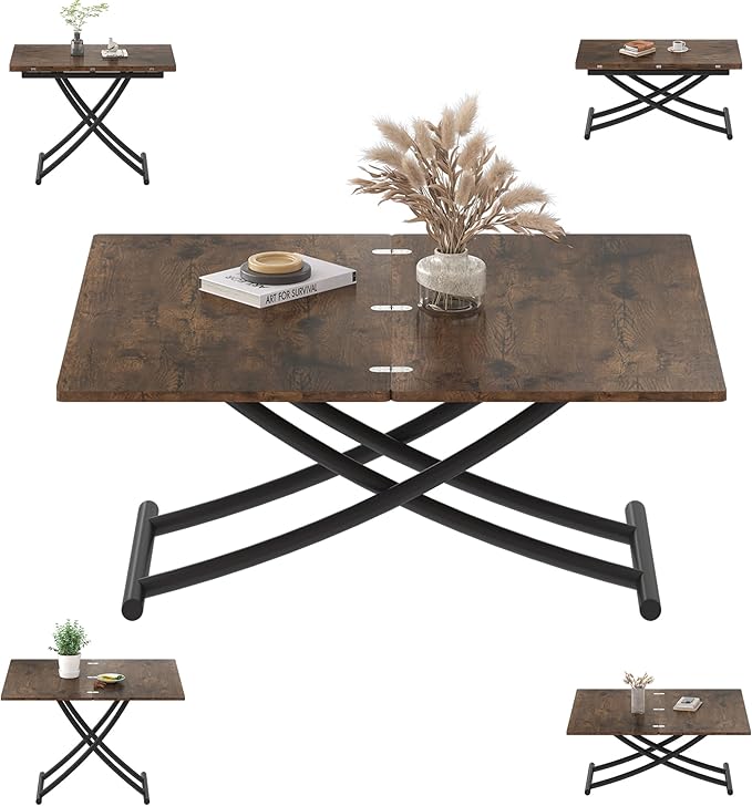Multifunctional Folding Dining Table, Height Adjustable Lift Top Coffee Transformer Table with Metal legs for Space Saving Living Room Kitchen Tea, Brown - LeafyLoom