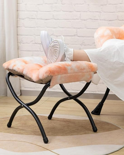 HollyHOME Faux-Fur Lazy Chair with Foldable Ottoman, Accent Comfy Lounge Arm Chair and Folding Footrest Stool Set, Leisure Sofa Reading Chair and Footstool for Living Room, Bedroom, Orange&White - LeafyLoom