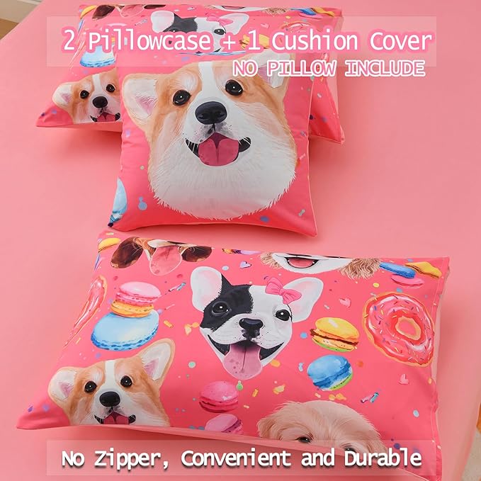 DORCAS Pink Twin Comforter Set for Girls Cute Dog Bedding Sets Twin Girls 6 Pieces Animal Twin Bed-in-A-Bag with Comforter,Sheets,Pillowcases for Kids - LeafyLoom