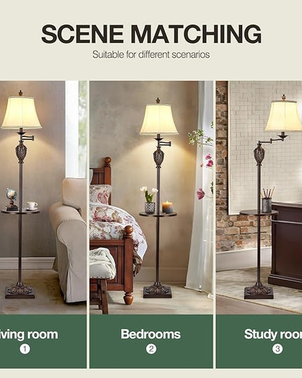 Traditional LED Floor Lamp with 350° Adjustable Swing Arm Lamp – Vintage Standing Pole lamp for Living Room, Bedroom and Office – Rustic Upright Floor Light for Home Décor with Silk Fabric Shade - LeafyLoom