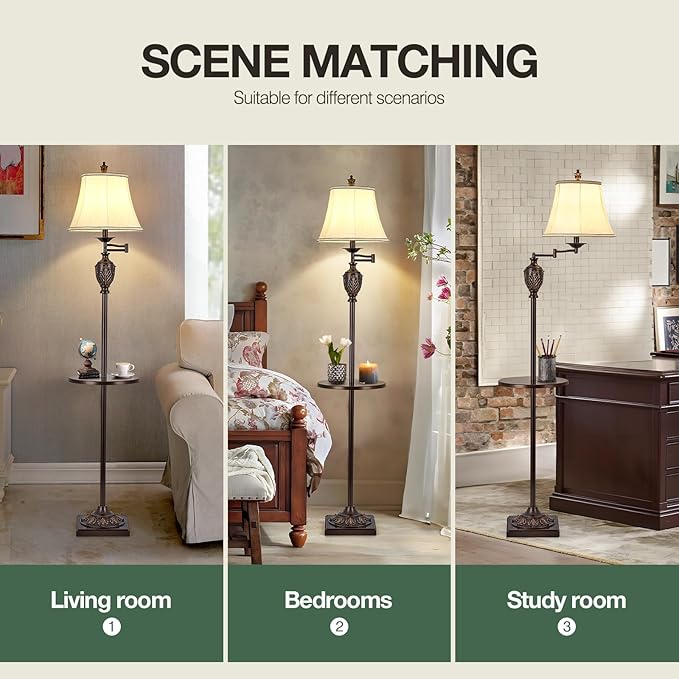 Traditional LED Floor Lamp with 350° Adjustable Swing Arm Lamp – Vintage Standing Pole lamp for Living Room, Bedroom and Office – Rustic Upright Floor Light for Home Décor with Silk Fabric Shade - LeafyLoom