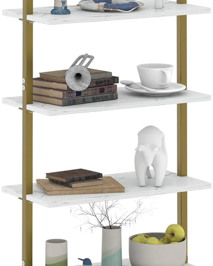 Ladder Shelf 6 Tiers Marble White Modern Bookshelf Open Tall Wall Mount Bookcase Standing Leaning Wall Shelves Industrial Decorative Living Room Bed Room - LeafyLoom