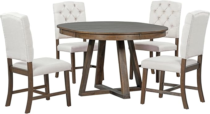 5-Piece Retro Style Extendable Wood Round Dining Table Set with 4 Upholstered Chairs for Kitchen, Breakfast Nook, Living Room, Walnut, 42"-58" L x 42" W x 30" H - LeafyLoom