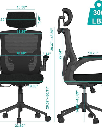 Ergonomic Office Chair, High Back Mesh Desk Chair with Thick Molded Foam Cushion, Coat Hanger, Adjustable Headrest, Lumbar Support, Tilt & Lock Function - Task Chair (All Black) - LeafyLoom