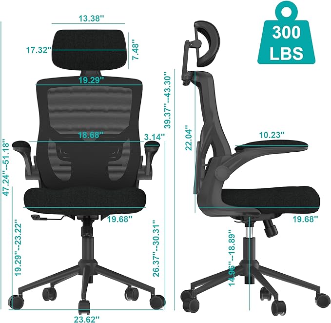 Ergonomic Office Chair, High Back Mesh Desk Chair with Thick Molded Foam Cushion, Coat Hanger, Adjustable Headrest, Lumbar Support, Tilt & Lock Function - Task Chair (All Black) - LeafyLoom