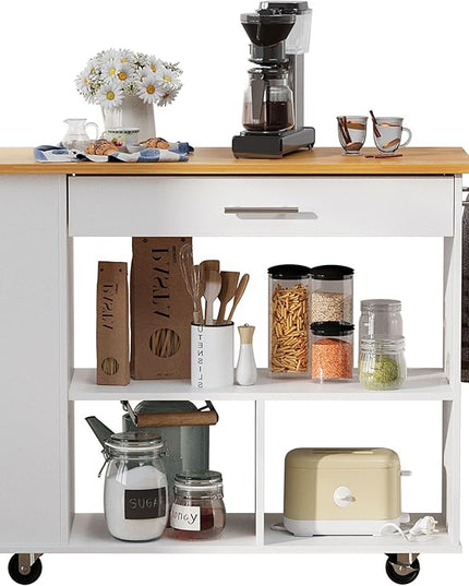 Shintenchi Kitchen Island on Wheels with Large Work Countertop, Storage Island & Cart with 3-Tier Spice Rack, 3 Open Shelves and 1 Drawer, White - LeafyLoom