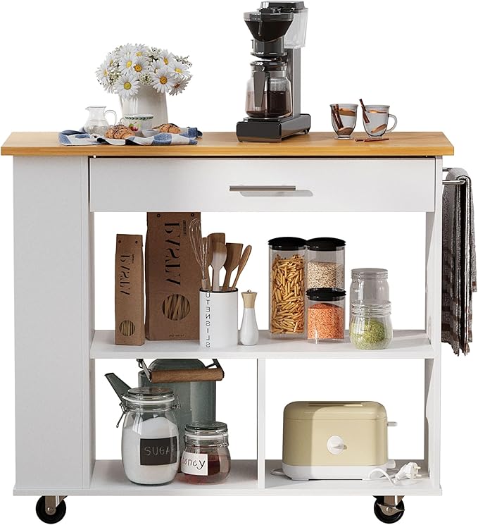 Shintenchi Kitchen Island on Wheels with Large Work Countertop, Storage Island & Cart with 3-Tier Spice Rack, 3 Open Shelves and 1 Drawer, White - LeafyLoom