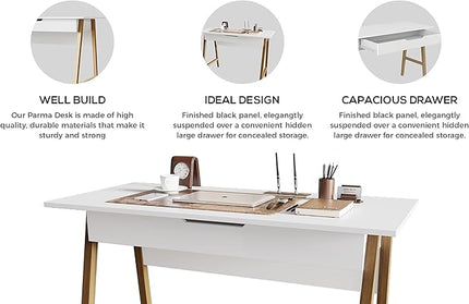 PARMA 42 Inch Modern Desk - Home & Office Small Computer Desk with Wide Drawer - Wooden Study Writing Minimalist Desk with Storage for Small Space, Bedroom & Workstations - Student Desk/Table (White) - LeafyLoom