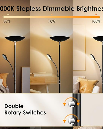 BoostArea Floor Lamp, LED 20W/2000LM Bright Torchiere Floor Lamp with 5W Adjustable Reading Lamp, Stepless Dimmable Standing Lamp, 2 Rotary Switch, Modern Floor Lamps for Living Room, Bedroom, Office - LeafyLoom