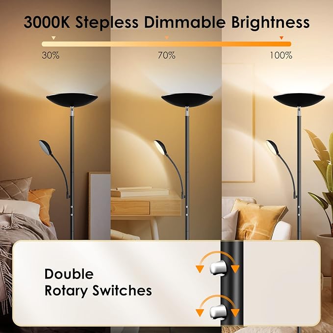BoostArea Floor Lamp, LED 20W/2000LM Bright Torchiere Floor Lamp with 5W Adjustable Reading Lamp, Stepless Dimmable Standing Lamp, 2 Rotary Switch, Modern Floor Lamps for Living Room, Bedroom, Office - LeafyLoom