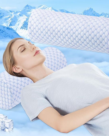 Neck Roll Pillow for Sleeping - Round Cervical Neck Pillow with Cooling Pillowcase - Memory Foam Cylinder Bolster Pillow for Legs, Necks, Back, Lumbar, and Foot, 16x6.3 Inch (Cool Blue) - LeafyLoom