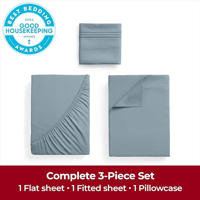 Mellanni Twin XL Sheets Set - 3 PC Iconic Collection Bedding Sheets & Pillowcases - Hotel Luxury, Extra Soft, Cooling Bed Sheets - Deep Pocket up to 16 inch (Twin Extra Long, Spa Blue) - LeafyLoom