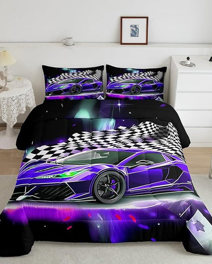 Purple Race Car Comforter Set Full Size, Black White Lattice Bedding Set 2pcs for Kids Boys Teens Room Decor,Extreme Sport Games Quilt Set,Cool Modern Duvet Insert with 2 Pillowcases - LeafyLoom
