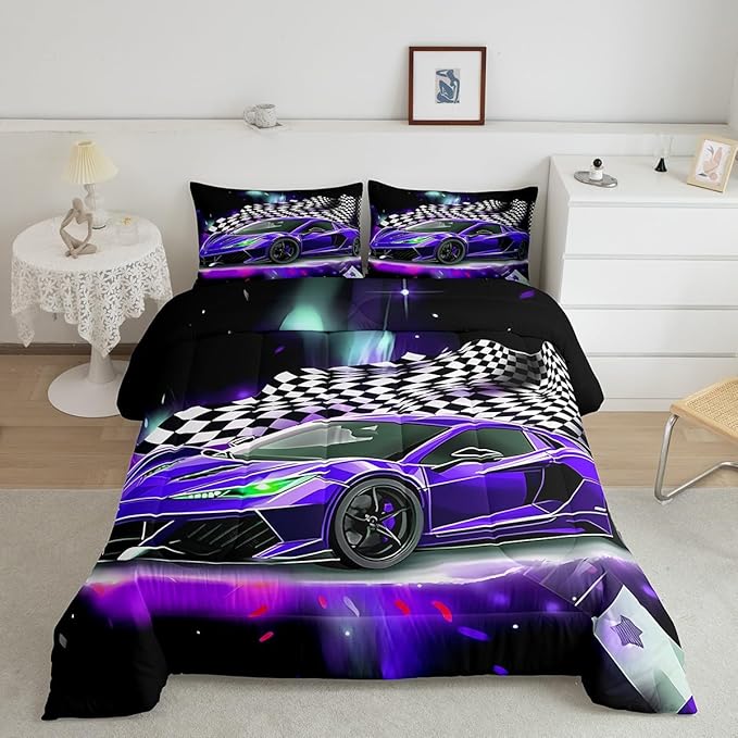 Purple Race Car Comforter Set Full Size, Black White Lattice Bedding Set 2pcs for Kids Boys Teens Room Decor,Extreme Sport Games Quilt Set,Cool Modern Duvet Insert with 2 Pillowcases - LeafyLoom