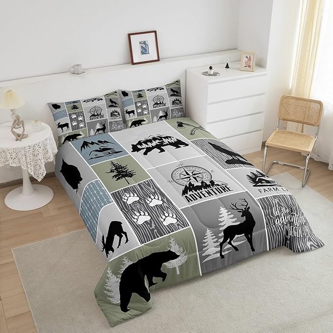 Rustic Farmhouse Cabin Kids Comforter Set Queen Size,Deer Bear Hunting Adventure Bedding Set for Boys Girls Adults Room Decor,Geometric Plaids Down Comforter,Gray Green Duvet Insert,2 Pillowcases - LeafyLoom