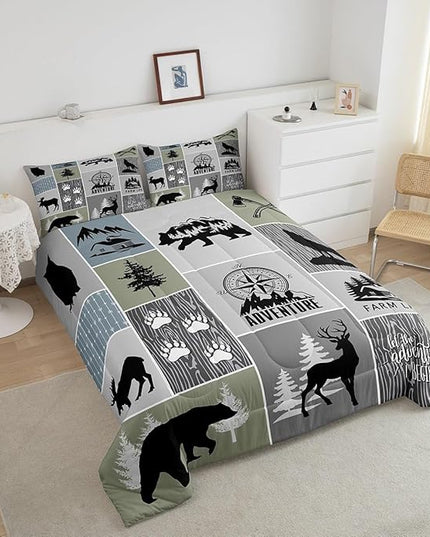 Rustic Farmhouse Cabin Kids Comforter Set Twin Size,Deer Bear Hunting Adventure Bedding Set for Boys Girls Adults Room Decor,Geometric Plaids Down Comforter,Gray Green Duvet Insert,1 Pillowcase - LeafyLoom