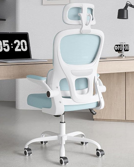 Soohow Ergonomic Home Office Chair, Mesh Desk Chair with Lumbar Support, Comfy Computer Desk Chair with Flip Armrest Rolling Wheels, Adjustable Headrest, Blue. - LeafyLoom