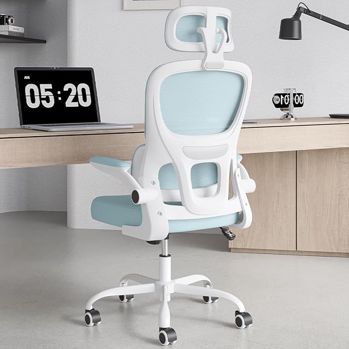 Soohow Ergonomic Home Office Chair, Mesh Desk Chair with Lumbar Support, Comfy Computer Desk Chair with Flip Armrest Rolling Wheels, Adjustable Headrest, Blue. - LeafyLoom