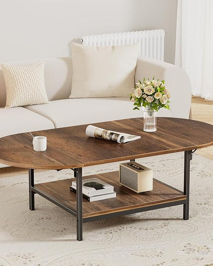 SAYGOER Coffee Table Mid Century Modern Extended Coffee Tables 2-Tier Storage Vintage Table for Living Room Farmhouse Center Table with Two Foldable Panel for Any Large or Small Space, Rustic Brown - LeafyLoom