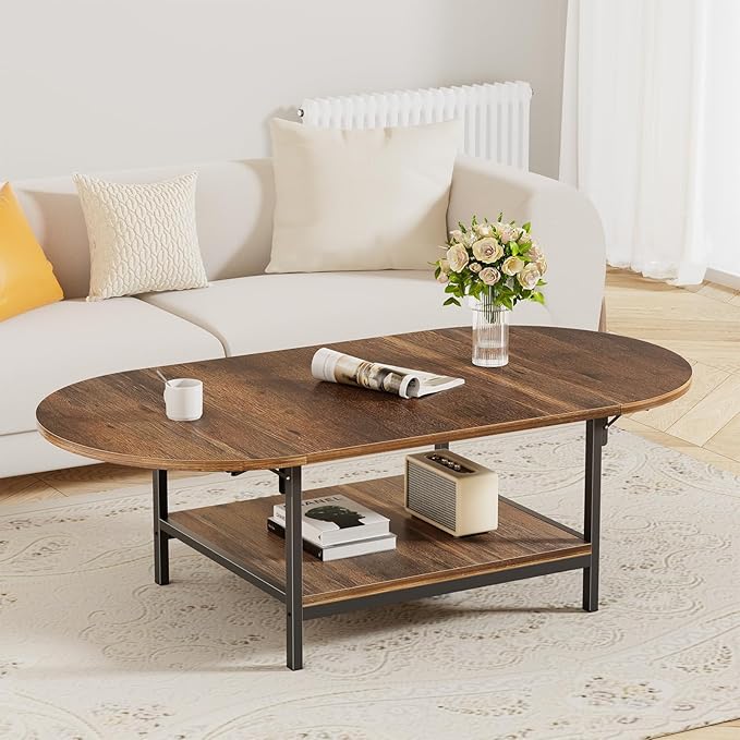 SAYGOER Coffee Table Mid Century Modern Extended Coffee Tables 2-Tier Storage Vintage Table for Living Room Farmhouse Center Table with Two Foldable Panel for Any Large or Small Space, Rustic Brown - LeafyLoom