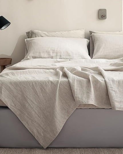 Simple&Opulence 100% Linen Sheet Set Solid Color-4 Pcs Washed French Bed Sheets(1 Flat Sheet,1 Fitted Sheet,2 Pillowcases)-Breathable Bedding Set (Linen, King) - LeafyLoom