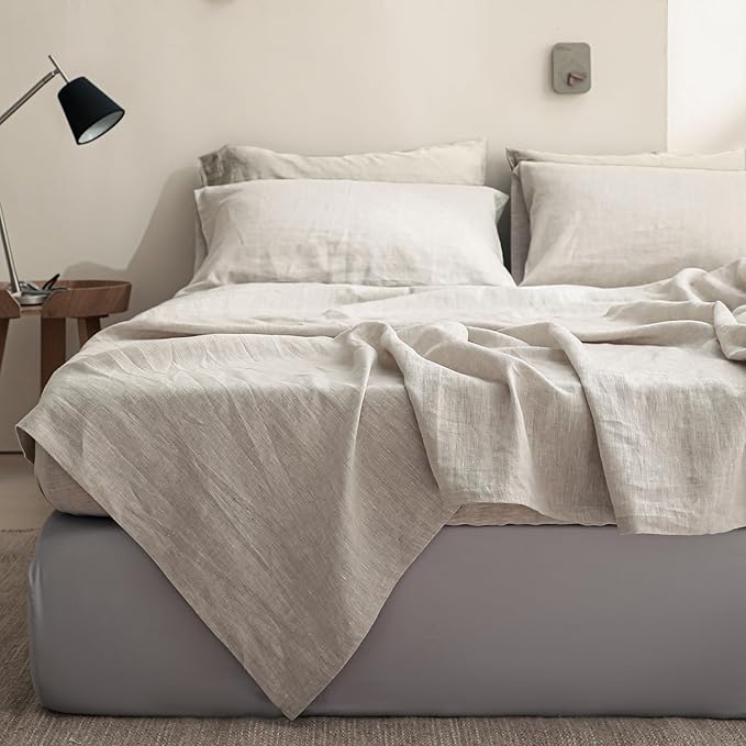 Simple&Opulence 100% Linen Sheet Set Solid Color-4 Pcs Washed French Bed Sheets(1 Flat Sheet,1 Fitted Sheet,2 Pillowcases)-Breathable Bedding Set (Linen, King) - LeafyLoom