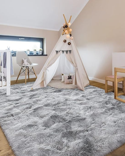 4x6 Large Area Rugs for Living Room, Super Soft Fluffy Modern Bedroom Rug, Tie-Dyed Light Grey Indoor Shag Fuzzy Carpets for Girls Kids Nursery Room Home Decor - LeafyLoom