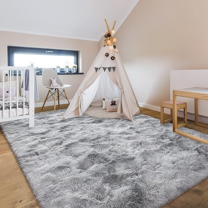 4x6 Large Area Rugs for Living Room, Super Soft Fluffy Modern Bedroom Rug, Tie-Dyed Light Grey Indoor Shag Fuzzy Carpets for Girls Kids Nursery Room Home Decor - LeafyLoom