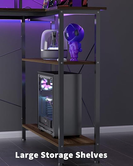 L Shaped Gaming Desk with Power Outlets, 47 Inch Computer Desk with LED Lights and Reversible Shelves, Corner Desk Work Desk for Home Office Bedroom, Walnut - LeafyLoom