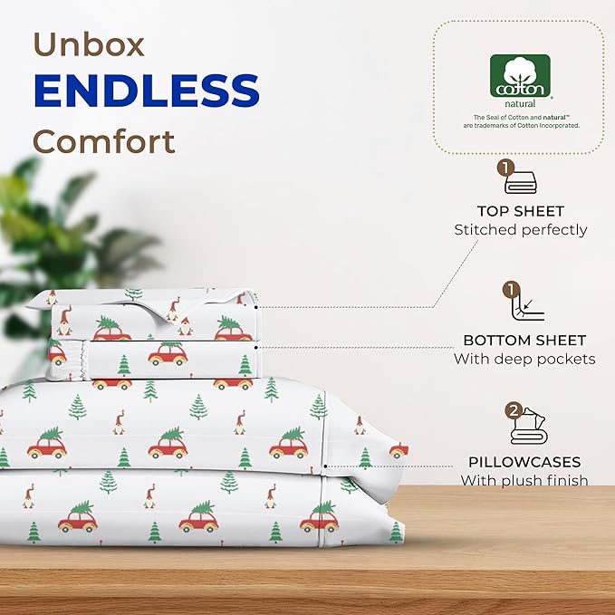 THREAD SPREAD 100% Egyptian Cotton Printed California King Sheet Sets - 4 PC 600 Thread Count Cal King Sheets, Soft Cooling Sheets, Deep Pocket Festive Joy Sheets, Winter Holiday Cotton Sheets - LeafyLoom