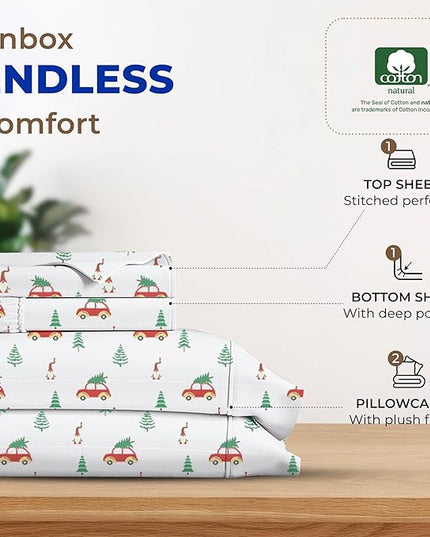 THREAD SPREAD 100% Egyptian Cotton Printed Queen Sheet Sets - 600 Thread Count Queen Sheets, 4 PC Soft & Breathable Cooling Sheets, Deep Pocket Festive Joy Sheets, Winter Holiday Cotton Sheets - LeafyLoom