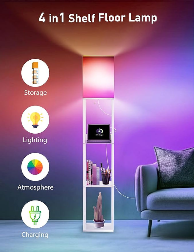 Evajoy Floor Lamp with Shelves, Smart RGB Floor Lamps Work with Alexa, with 2 USB Ports & 1 AC Output, Modern 4-tier Lamp for Display Storage, Floor Lamps for Living Room, Bedroom, Office,White - LeafyLoom