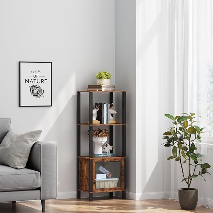 TUTOTAK 4 Tier Bookcase and Bookshelf, Narrow Book shelf with Door for Small Space, for Living Room, Office, Study, Entryway, Brown BS03BB004 - LeafyLoom