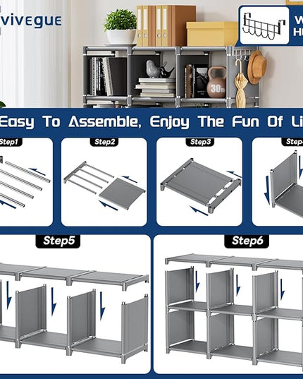 Mavivegue Book Shelf, 12 Cube Storage Organizer, DIY Bookcase, Metal Cube Bookshelf,Tall Book case for Bedroom, Living Room,Office,Closet Storage Organizer, Grey Cubicle Storage Rack - LeafyLoom