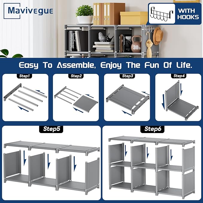Mavivegue Book Shelf, 12 Cube Storage Organizer, DIY Bookcase, Metal Cube Bookshelf,Tall Book case for Bedroom, Living Room,Office,Closet Storage Organizer, Grey Cubicle Storage Rack - LeafyLoom