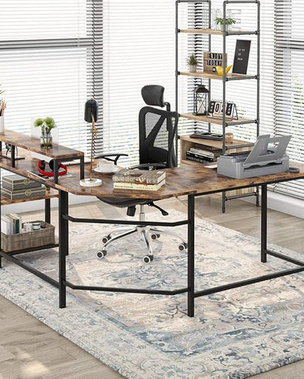 L-Shaped Computer Desk with Monitor Stand and Storage Shelves, Large Corner Desks for Home Office - LeafyLoom