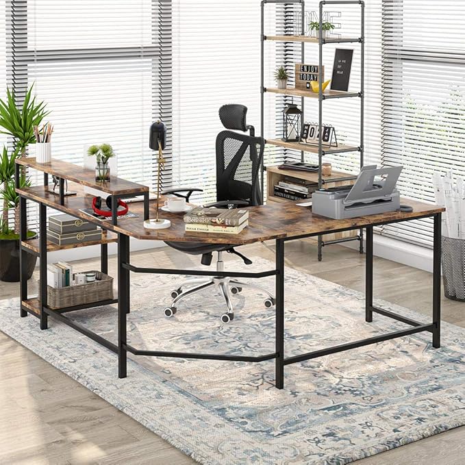 L-Shaped Computer Desk with Monitor Stand and Storage Shelves, Large Corner Desks for Home Office - LeafyLoom