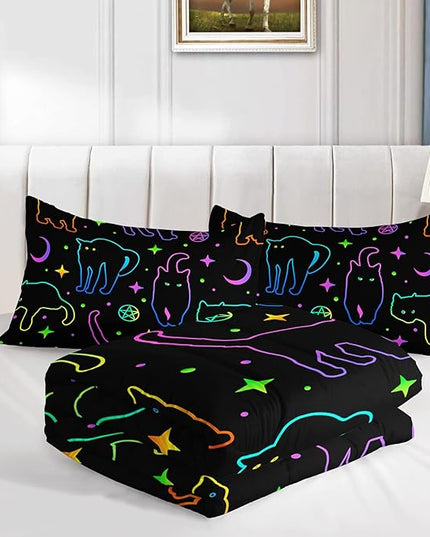 Black Cat Bedding Cartoon Cat Comforter Set Queen,Moon Stars Printed Kids Bedding Set for Boys Girls Adults Room Decor,Kids Comforter Set All Season,1 Quilt 2 Pillow Cases,Neon Color Purple Blue Green - LeafyLoom